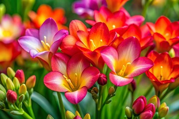 Naklejka premium Vibrant Freesia Blooms in a Garden Setting Showcasing Their Colorful Petals and Green Foliage