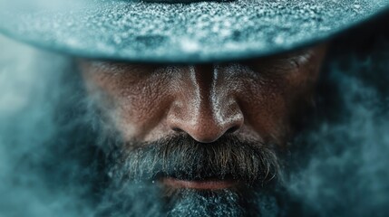 A rugged man with a beard and cowboy hat emerges from a swirling mist, his contemplative expression highlighting the gritty and profound mood of the scene.
