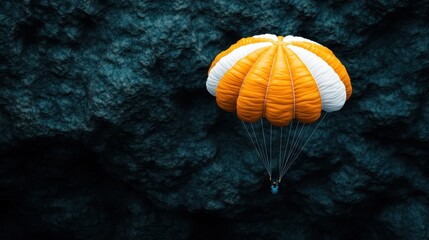 A striking orange and white parachute is highlighted against a rugged, rocky background, capturing the thrill and adventure associated with parachuting activities.