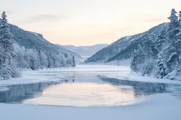 A serene winter landscape with a frozen river and snow-covered mountains at sunrise.