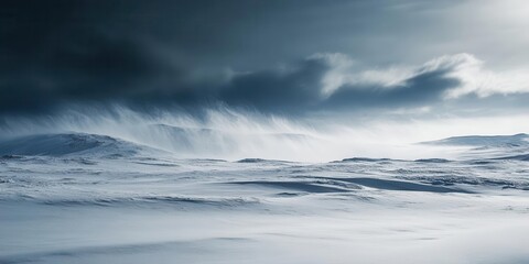 Fototapeta premium A serene winter landscape with snow and dramatic clouds, evoking a sense of isolation.