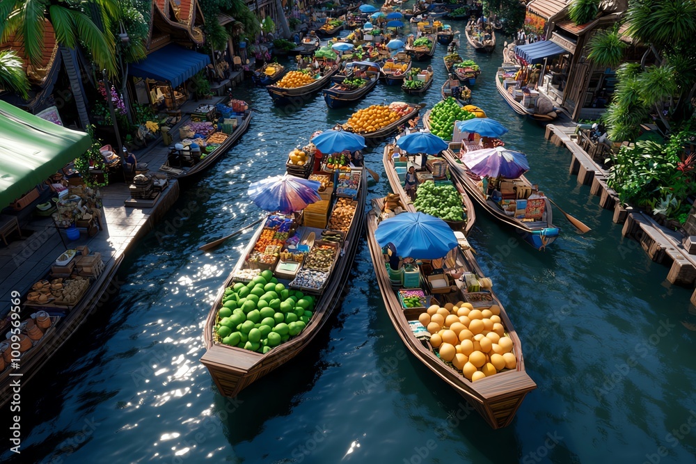 Poster interactive 3d digital scene of a floating market in thailand, where users can explore the boats, in