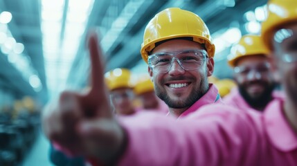 A smiling worker in a pink uniform points forward enthusiastically, indicating motivation and teamwork in a bright industrial workplace environment.