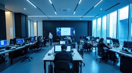 Vibrant Modern Office Space with Tech-Enabled Workstations and Collaborative Atmosphere