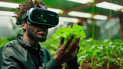 A person wearing virtual reality gear interacts with plants, showcasing innovative farming techniques in an urban greenhouse environment - Powered by Adobe