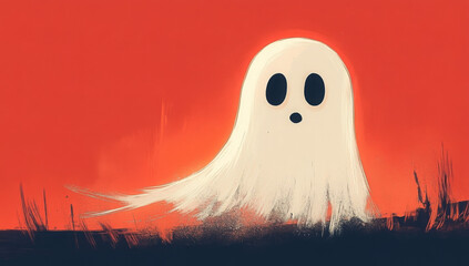 A whimsical, cartoon ghost with a surprised expression floats against a bold orange background, bringing a playful twist to the traditionally spooky figure.