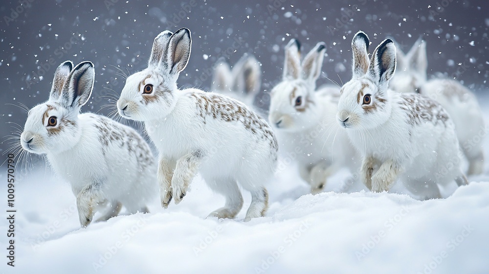 Sticker   A black-and-white photo of rabbits in snow, surrounded by snowflakes on the ground and background