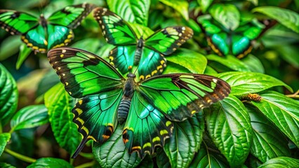 Vibrant Green Butterflies Resting on Leaves in a Lush Garden Setting with Natural Light Background