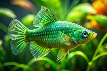 Vibrant Green Emerald Cory Fish Swimming Gracefully in a Freshwater Aquarium Environment