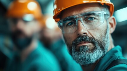 An older engineer in a hard hat and safety glasses strategizes during a project, symbolizing experience, leadership, and careful planning in a manufacturing setting.