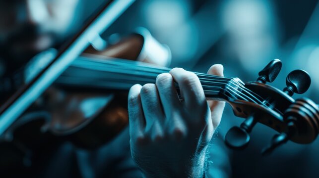 A musician's hand skillfully plays a violin, highlighting the precise finger movements and dedication needed to produce beautiful music in a serene environment.