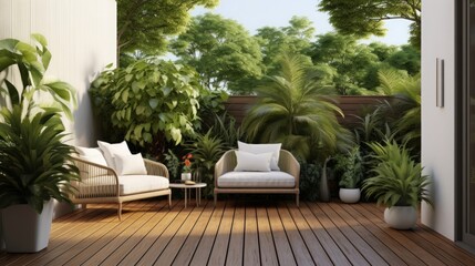 Modern contemporary style small wooden terrace in lush garden with house interior background 3d render, there are green wall fence decorated with white outdoor furniture and string light