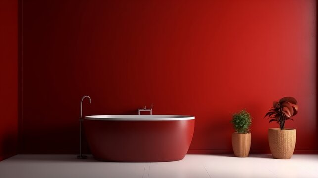 Modern cozy barthroom and red wall texture background interior design.3D rendering