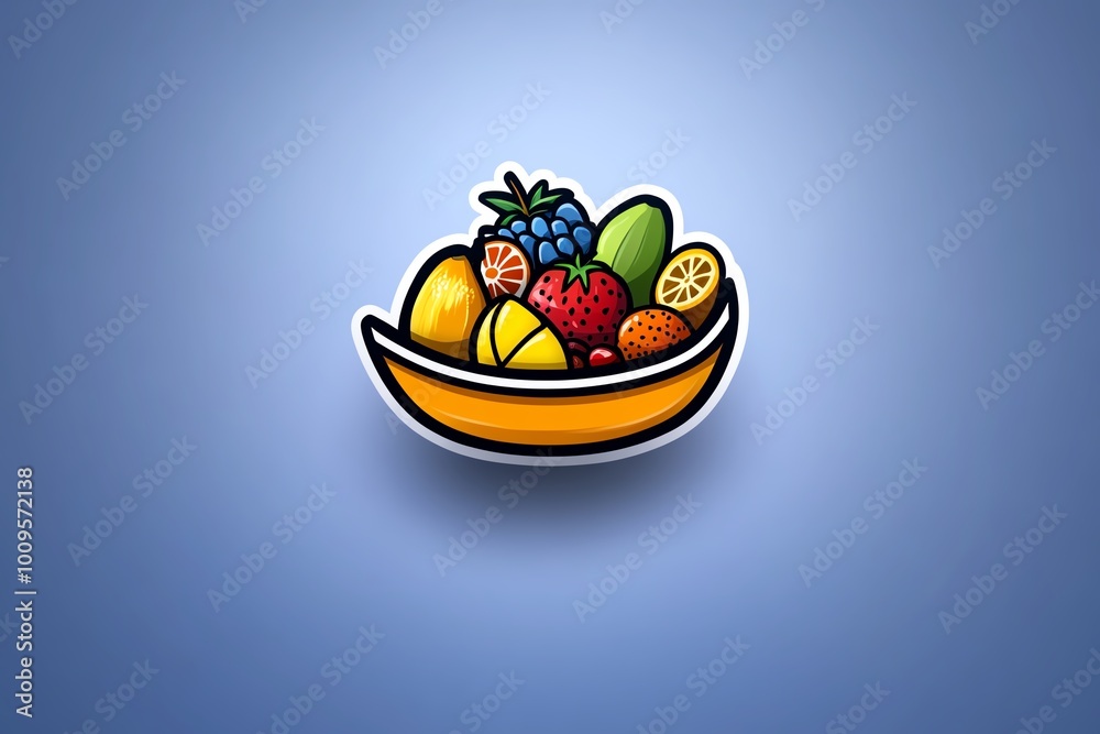 Poster minimalist icon of a boat filled with tropical fruits, using soft colors and simple shapes to repres