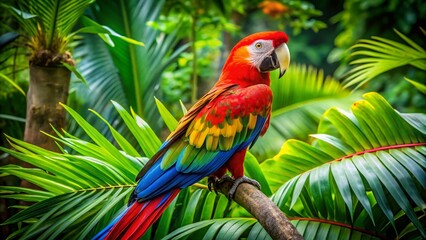 Vibrant Green Winged Macaw Perched on Branch Amidst Lush Tropical Foliage in Natural Habitat