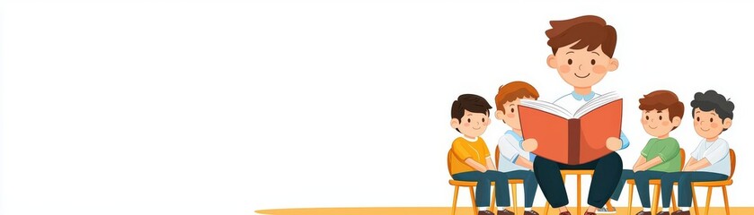 A cheerful teacher reading a story to attentive children in a classroom setting, promoting literacy and learning.