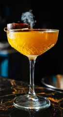 vibrant and atmospheric cocktail bar scene featuring a beautifully crafted yellow cocktail in an elegant coupe glass