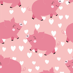 Vector flat animals colorful illustration for kids. Seamless pattern with cute pig on color floral background. Adorable cartoon character. Design for textures, card, poster, fabric, textile