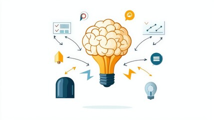 A creative representation of ideas, symbols, and innovation, featuring a brain and lightbulb in a vibrant design.