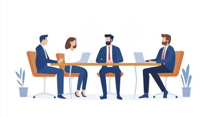 A diverse group of professionals engaged in a meeting around a conference table, collaborating on business strategies.
