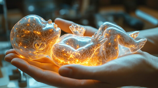 Futuristic neon technology baby in hands illuminated with glowing lights