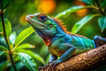 Obraz premium Vibrant Hue Hue Lizard Resting on a Branch in Its Natural Habitat Surrounded by Lush Greenery