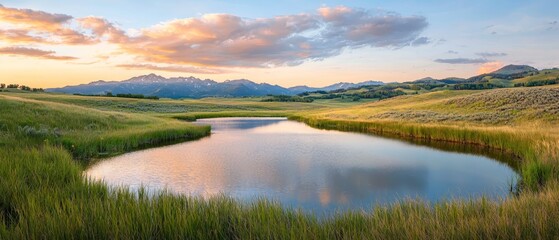 Fototapeta premium A grassy field houses a lake Behind it, mountains rise in the backdrop, while clouds populate the sky