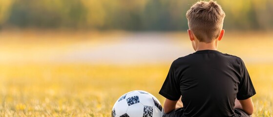  A young boy sits in a green field holding a soccer ball, surrounded by trees in the background