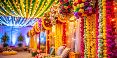 Vibrant Indian Marriage Decoration with Colorful Flowers, Lights, and Traditional Ornamentation Setup