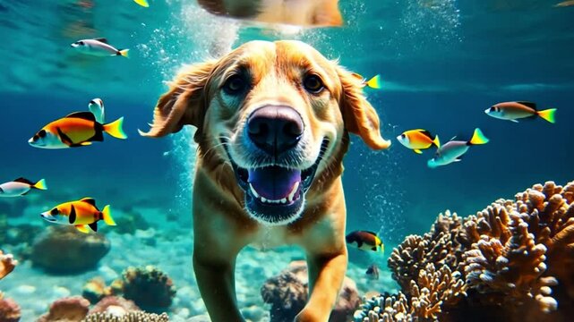 Playful golden Labrador retriever puppy in swimming in the ocean has fun. Dog jump, dive underwater to fetch ball. Dog training classes, active games with family pet. Popular breeds activity on summer