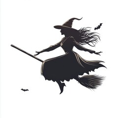 Fototapeta premium A witch flying on a broomstick, Halloween element, silhouette style, dark tones, isolated on white background