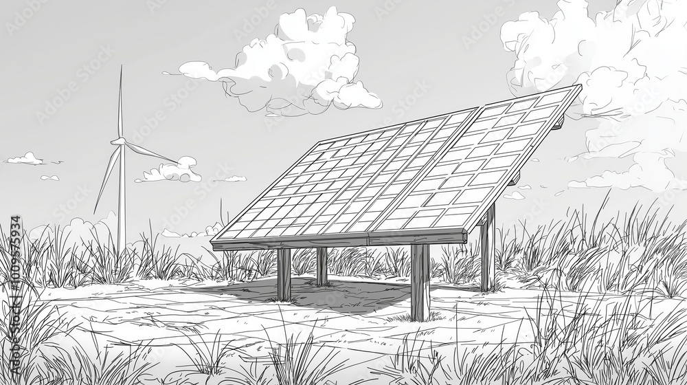 Poster sketch of solar panels and a wind turbine standing on a grassy field, symbolizing the harmony of ren