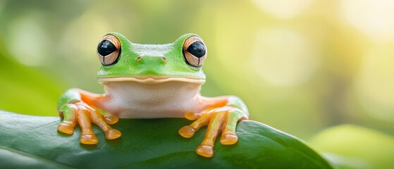 Obraz premium A frog up-close on a leaf with blurred background and faintly focused eyes