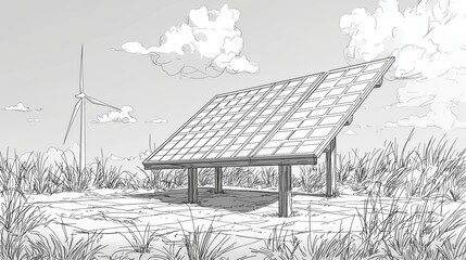 Sketch of Solar panels and a wind turbine standing on a grassy field, symbolizing the harmony of renewable energy technologies and environmental sustainability for the future, Generative AI