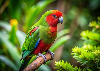 Vibrant Kakariki Parrot Perched on Branch against Lush Green Background in Natural Habitat Setting