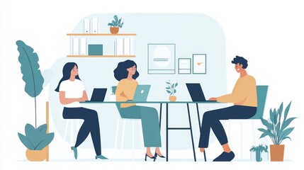 A modern workspace with three people collaborating on laptops surrounded by plants.