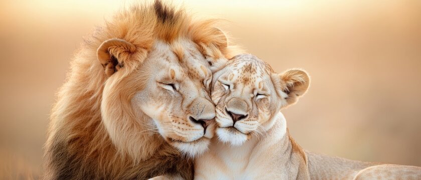  A couple of lions recline beside each other on a verdant field Nearby, a tall grass-covered expanse unfolds