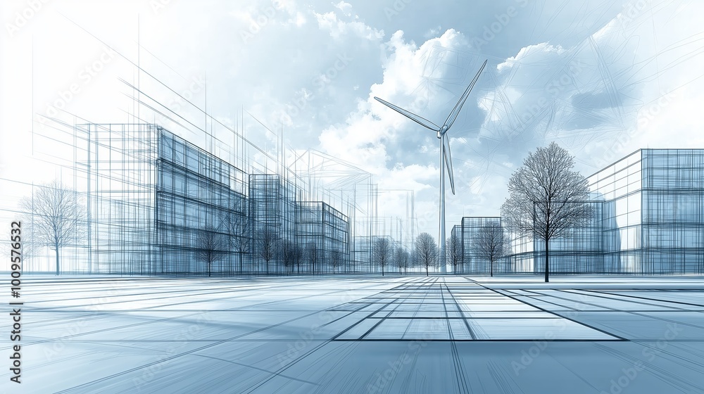 Poster a futuristic cityscape featuring wind turbines, symbolizing sustainable urban development and the in