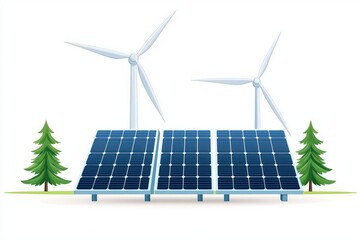 Illustration of wind turbines and solar panels surrounded by trees, symbolizing renewable energy and sustainability.