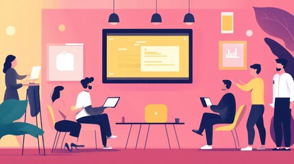 A modern workspace with people collaborating and using devices for a project.