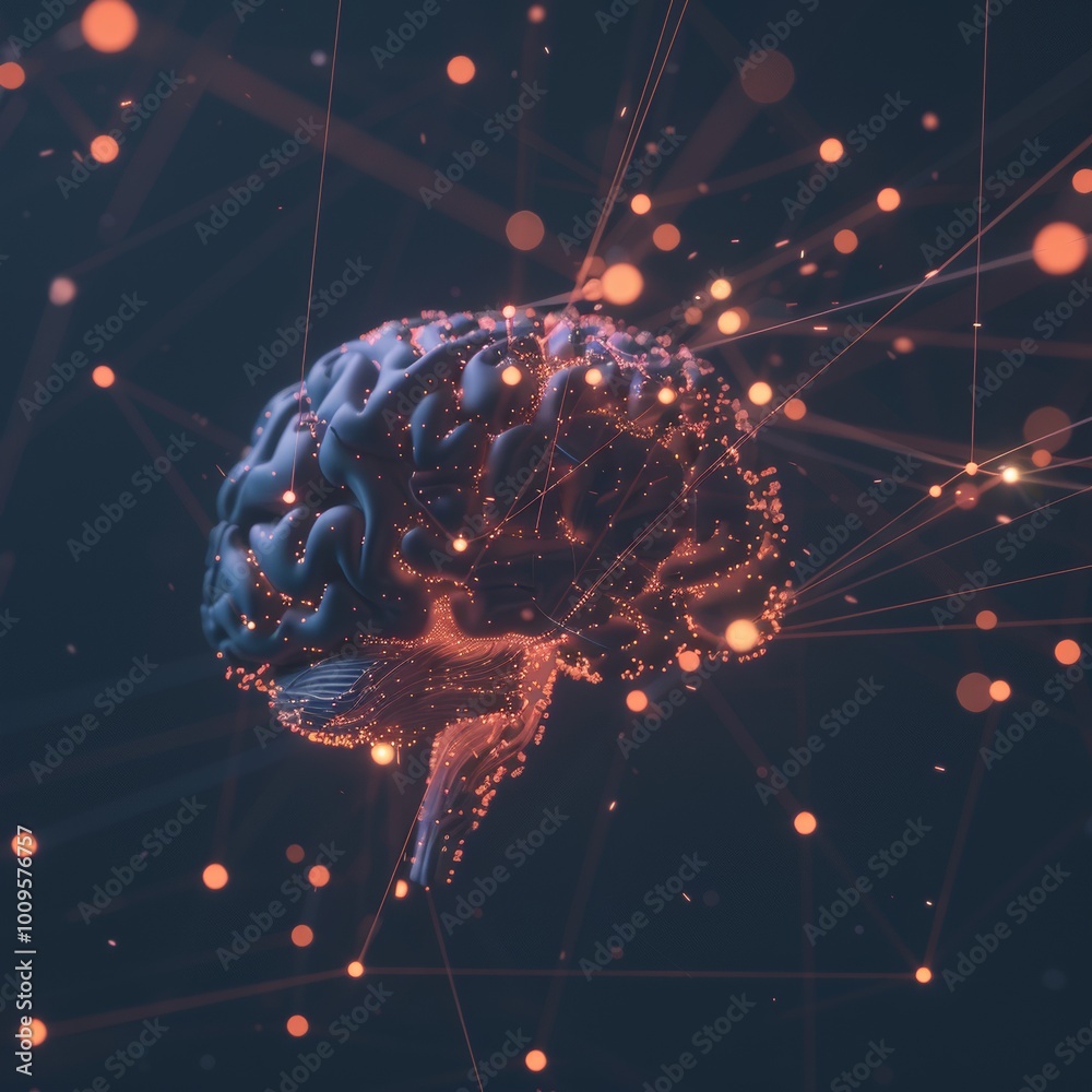 Wall mural 3d render of a cybernetic brain connected to a network of floating data points