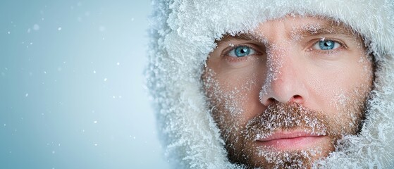 A man with a beard and blue eyes wears a white hat covered in snowflakes