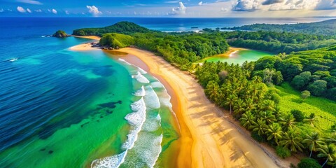 Obraz premium Vibrant Labadi Beach Scene with Golden Sand, Clear Blue Water, and Lush Greenery in the Background