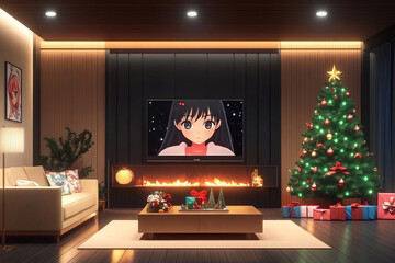Cozy living room decorated for Christmas with a bright tree, modern furniture, and a TV showcasing animated characters during winter evening