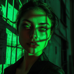 a woman with green eyes standing in front of a building. Let me know if you'd like to make any adjustments!