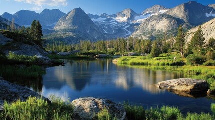 Mountain Lake Reflecting Peaks and Clouds