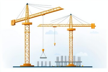 Two construction cranes stand tall against a clear sky, symbolizing progress in building and infrastructure development.