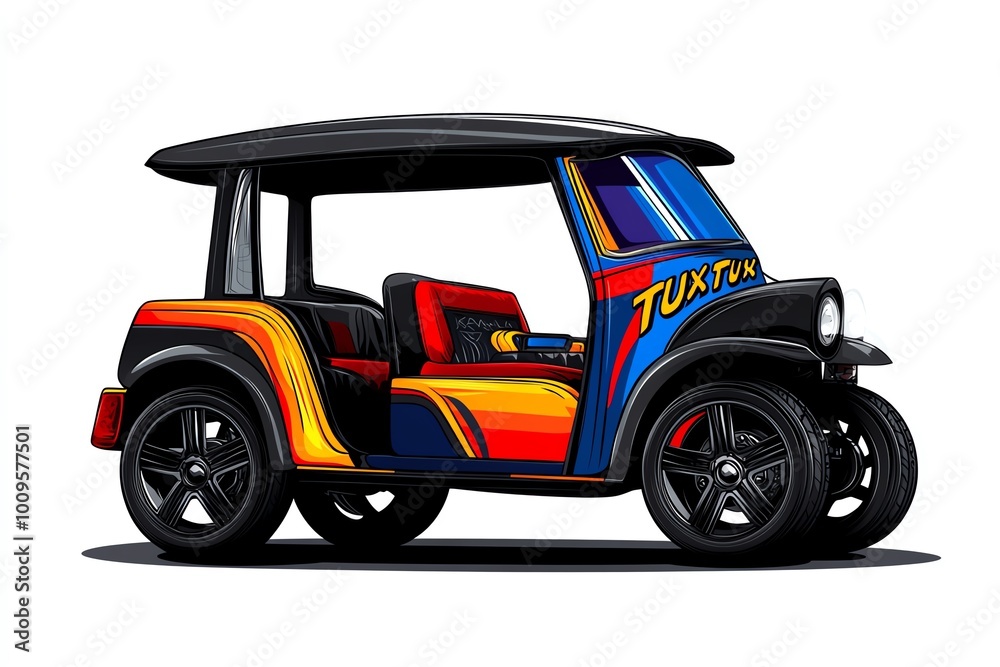 Poster minimalist illustration of a tuk tuk, using clean lines and vibrant colors to capture the iconic sha