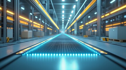 Obraz premium A futuristic factory with a glowing digital conveyor system, representing advanced manufacturing technology, automation, and innovation in modern production lines, Generative AI