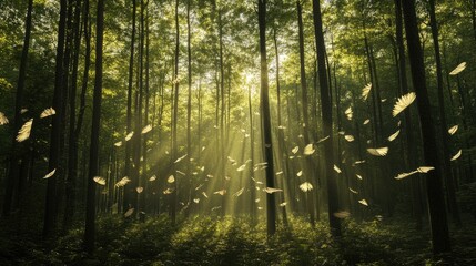 Obraz premium Golden Wings Floating Through a Sunlit Forest